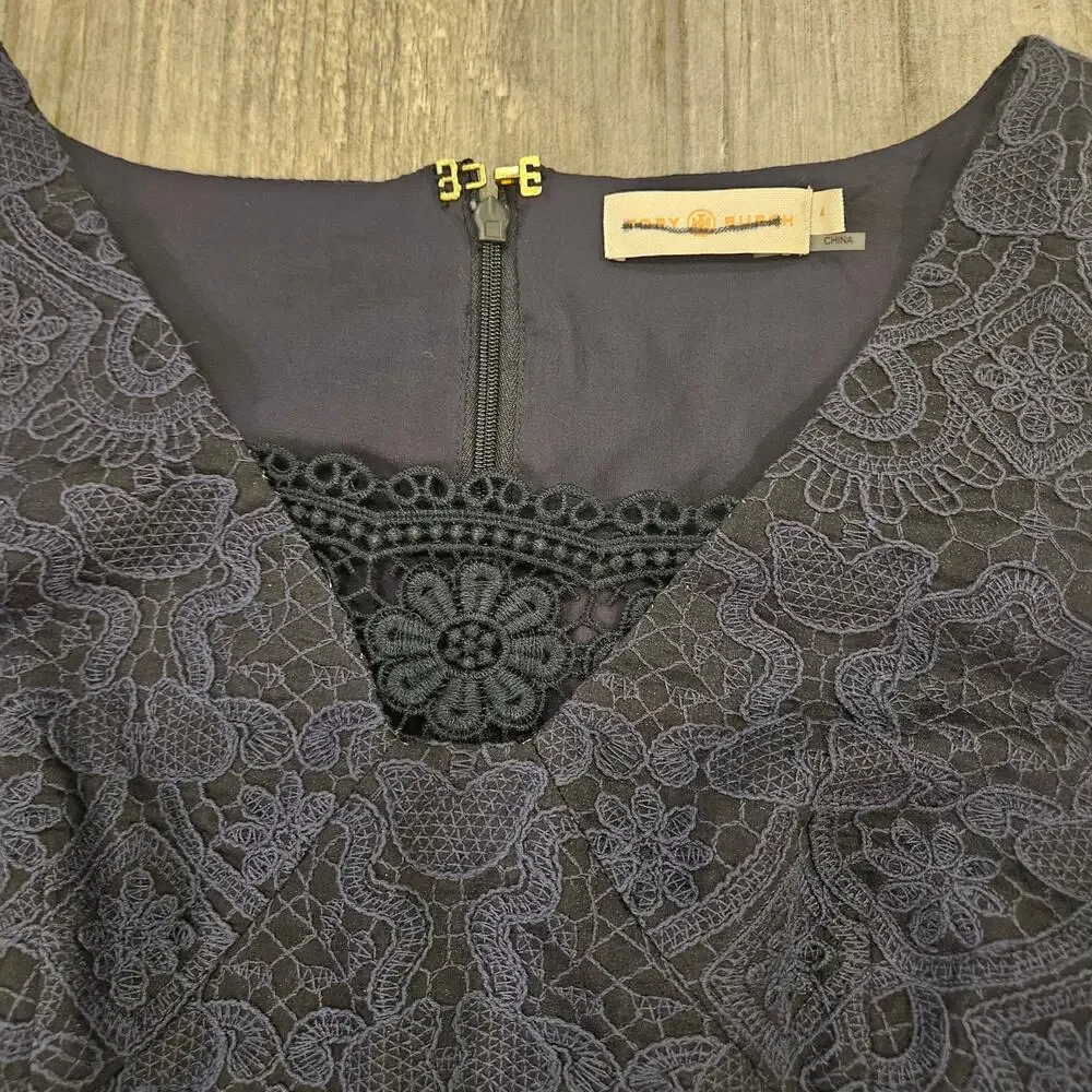 Tory Burch Dress Womens Size 4 Navy Blue Lace Pencil V Neck Strapless Lined Slit